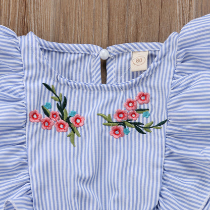 Girls Flower Striped Ruffle Romper Jumpsuit