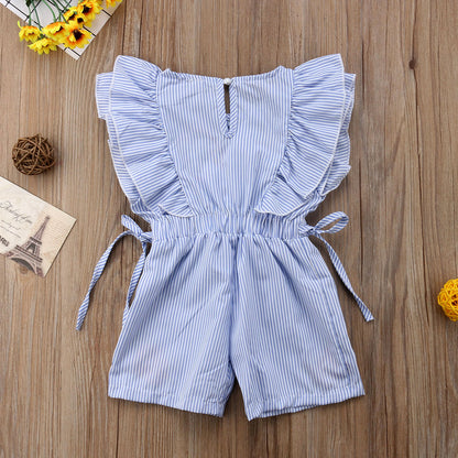 Girls Flower Striped Ruffle Romper Jumpsuit