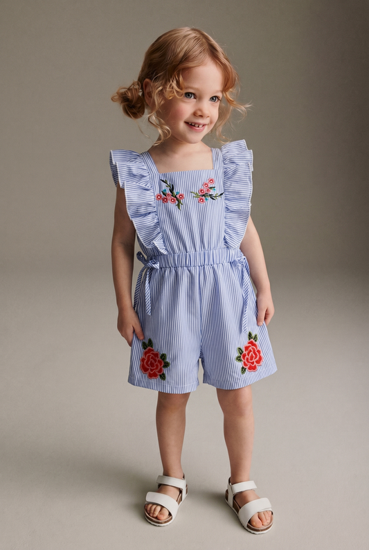 Girls Flower Striped Ruffle Romper Jumpsuit